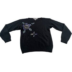 Vintage David Benjamin Womens M Sweater Black Blue Purple Sequined Pullover Silk